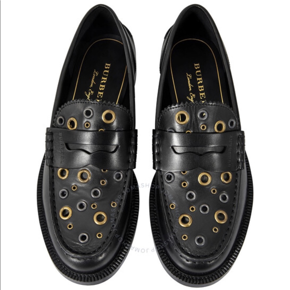 Burberry Ladies Black Leather Bedmont Eyelet Detail Penny Loafers